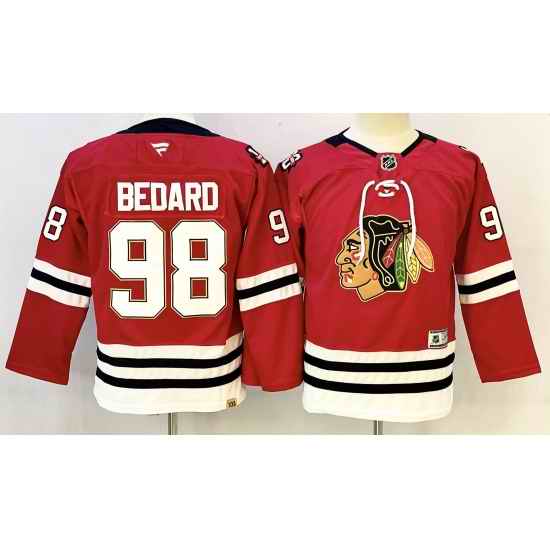 Youth Chicago Blackhawks 98 Connor Bedard Red 2025 Home 100th Anniversary Stitched Hockey Jersey