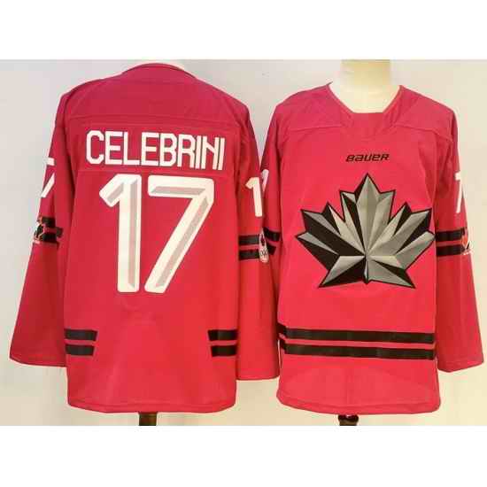 Men Canada Hockey #17 Macklin Celebrini Red Stitched Jersey