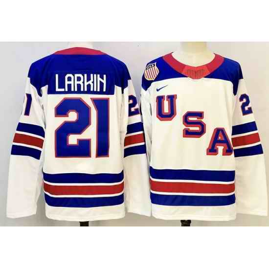 Men's USA #21 Dylan Larkin White 2026 Stitched Jersey