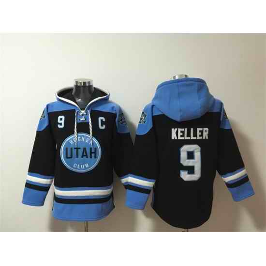 Men Utah Hockey Club 9 Clayton Keller Black Blue Ageless Must Have Lace Up Pullover Hoodie