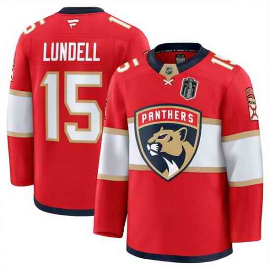 Men Florida Panthers 15 Anton Lundell Red 2025 Stanley Cup Final Patch Stitched Hockey Jersey