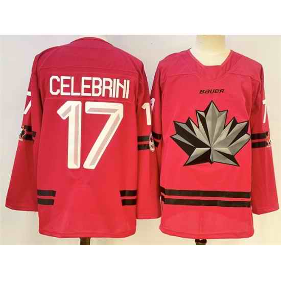 Men Canada Hockey 17 Macklin Celebrini Red Stitched Jersey