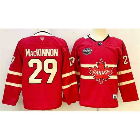 Men Canada 29 Nathan MacKinnon Red 2025 4 Nations Face Off Premium Stitched Jersey