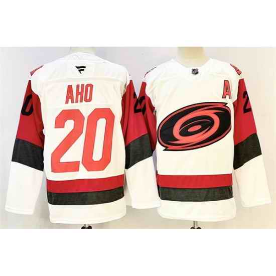 Men Carolina Hurricanes 20 Sebastian Aho White 2024 25 With A Patch Home Stitched Hockey Jersey