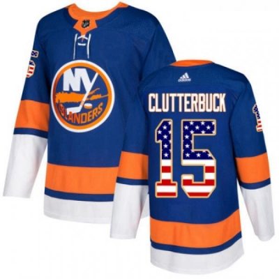 Youth Adidas New York Islanders 15 Cal Clutterbuck Authentic Royal Blue USA Flag Fashion NHL Jersey