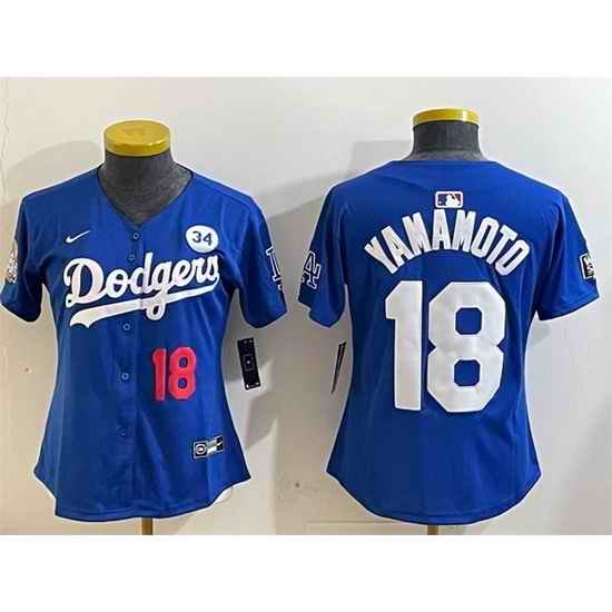 Women Los Angeles Dodgers 18 Yoshinobu Yamamoto Royal 2024 World Series With No  34 Patch Alternate Limited Stitched Baseball Jersey