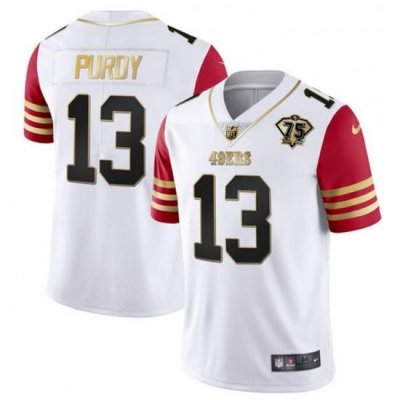 Men San Francisco 49ers 13 Brock Purdy White Red With 75th Anniversary Patch Stitched Jersey