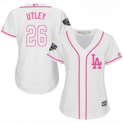 Womens Majestic Los Angeles Dodgers 26 Chase Utley Authentic White Fashion Cool Base 2018 World Series MLB Jersey