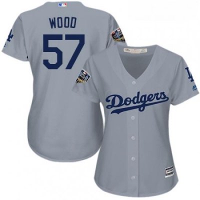 Womens Majestic Los Angeles Dodgers 57 Alex Wood Authentic Grey Road Cool Base 2018 World Series MLB Jersey