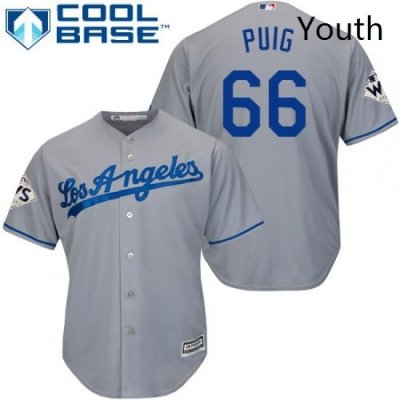 Youth Majestic Los Angeles Dodgers 66 Yasiel Puig Authentic Grey Road 2017 World Series Bound Cool Base MLB Jersey