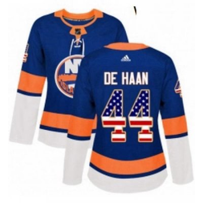 Womens Adidas New York Islanders 44 Calvin de Haan Authentic Royal Blue USA Flag Fashion NHL Jersey