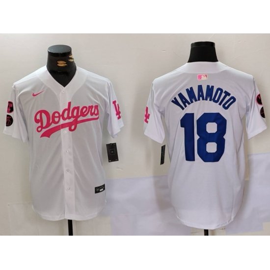 Men Los Angeles Dodgers 18 Yoshinobu Yamamoto White Pink Vin  26 Kobe Patch Stitched Baseball Jersey1