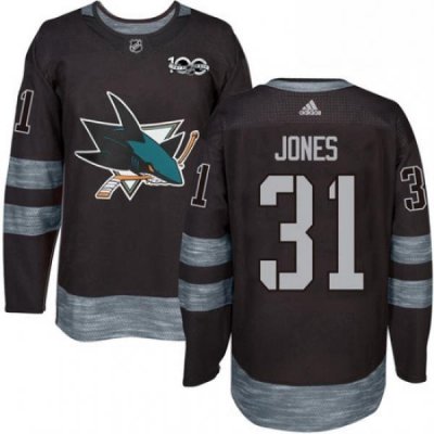 Mens Adidas San Jose Sharks 31 Martin Jones Premier Black 1917 2017 100th Anniversary NHL Jersey