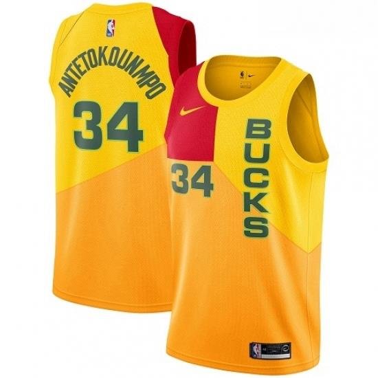 Mens Nike Milwaukee Bucks 34 Giannis Antetokounmpo Swingman Yellow NBA Jersey City Edition