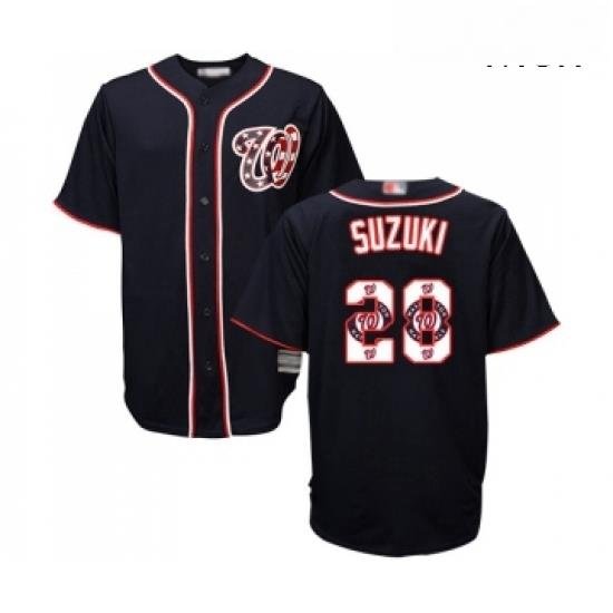 Mens Washington Nationals 28 Kurt Suzuki Authentic Navy Blue Team Logo Fashion Cool Base Baseball Jersey