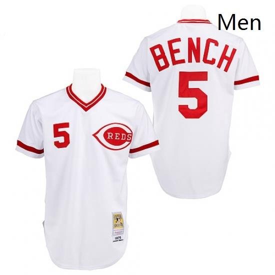 Mens Mitchell and Ness Cincinnati Reds 5 Johnny Bench Authentic White Throwback MLB Jersey