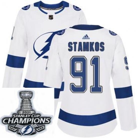 Women Adidas Tampa Bay Lightning 91 Steven Stamkos Authentic White Home NHL Stitched 2021 Stanley Cup Champions Patch Jersey