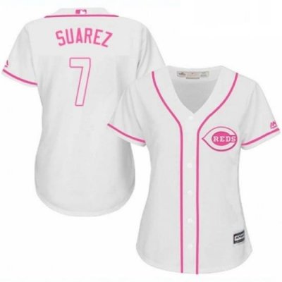 Womens Majestic Cincinnati Reds 7 Eugenio Suarez Replica White Fashion Cool Base MLB Jersey