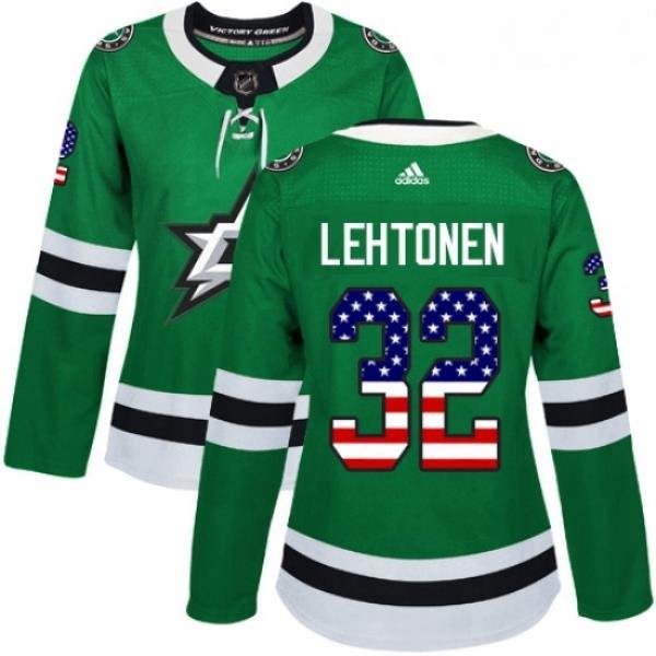 Womens Adidas Dallas Stars 32 Kari Lehtonen Authentic Green USA Flag Fashion NHL Jersey