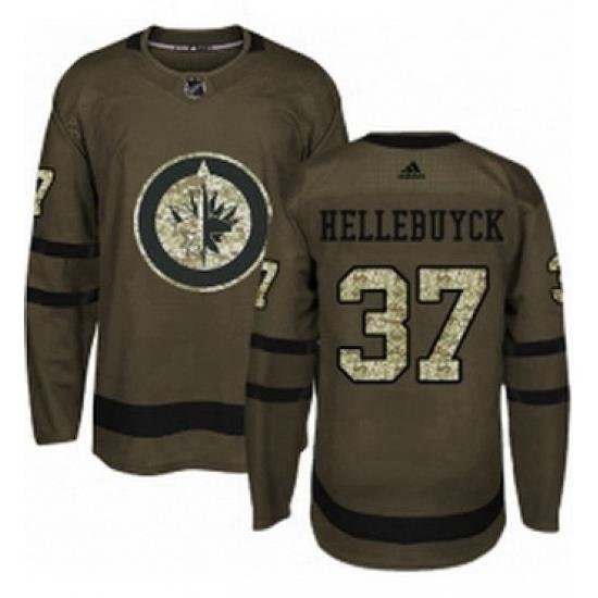 Mens Adidas Winnipeg Jets 37 Connor Hellebuyck Premier Green Salute to Service NHL Jersey