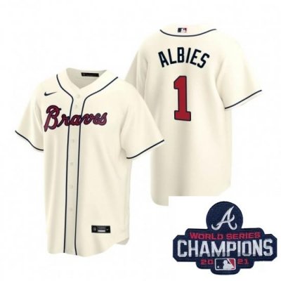 Men Nike Atlanta Braves 1 Ozzie Albies Cream Alternate Stitched Baseball Stitched MLB 2021 Champions Patch Jersey