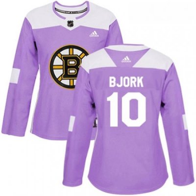 Womens Adidas Boston Bruins 10 Anders Bjork Authentic Purple Fights Cancer Practice NHL Jersey