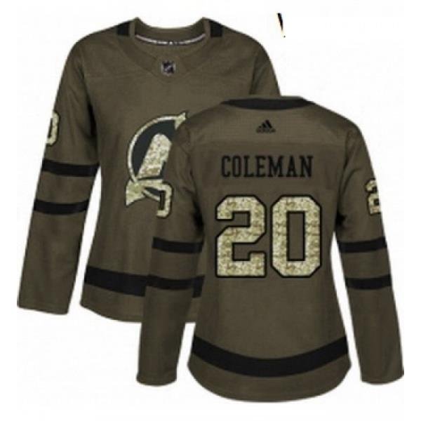 Womens Adidas New Jersey Devils 20 Blake Coleman Authentic Green Salute to Service NHL Jersey