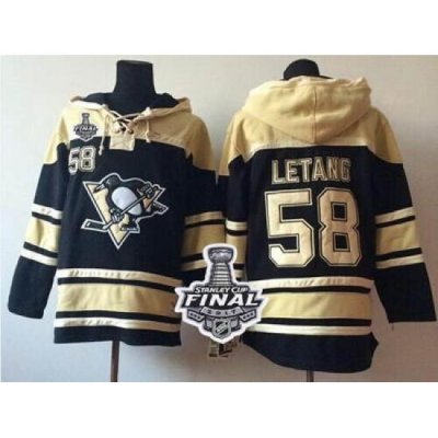 Men Pittsburgh Penguins 58 Kris Letang Black Sawyer Hooded Sweatshirt 2017 Stanley Cup Final Patch Stitched NHL Jersey