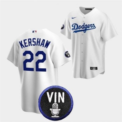 Men Los Angeles Dodgers 22 Clayton KershaW 2022 White Vin Scully Patch Cool Base Stitched Baseball Jersey