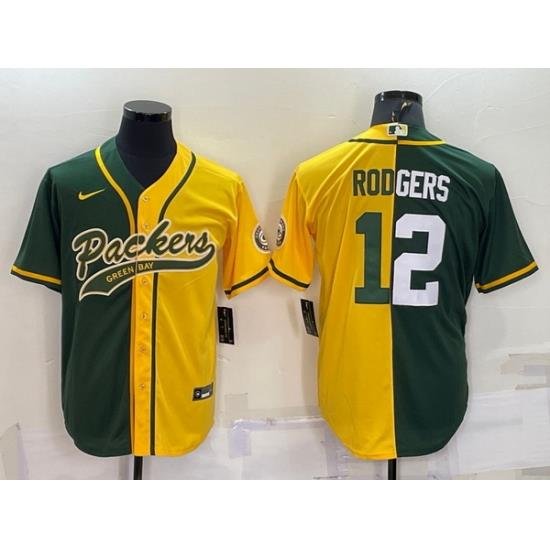 Men Green Bay Packers 12 Aaron Rodgers Green Yellow Split With Patch Cool Base Stitched Baseball Jersey