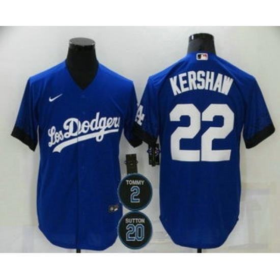 Men Los Angeles Dodgers 22 Clayton KershaW Blue 2 20 Patch City Connect Cool Base Stitched Jersey