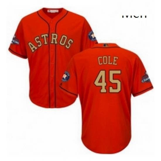 Mens Majestic Houston Astros 45 Gerrit Cole Replica Orange Alternate 2018 Gold Program Cool Base MLB Jersey