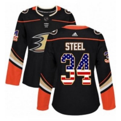 Womens Adidas Anaheim Ducks 34 Sam Steel Authentic Black USA Flag Fashion NHL Jersey