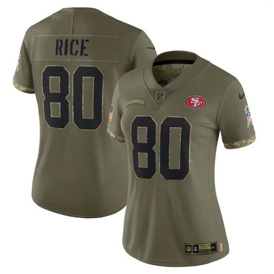 Women San Francisco 49ers 80 Jerry Rice Olive 2022 Salute To Service Limited Stitched Jersey