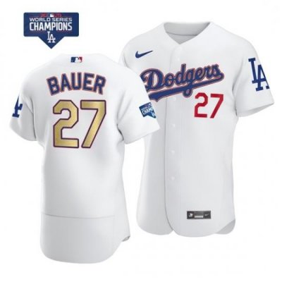 Men Los Angeles Dodgers Trevor Bauer 27 Gold Program Designed Edition White Flex Base Stitched Jersey