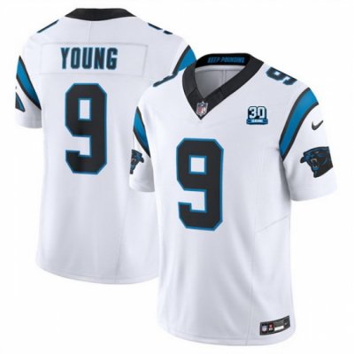 Men Carolina Panthers 9 Bryce Young White 2024 30th Anniversary Patch F U S E  Vapor Limited Stitched Football Jersey