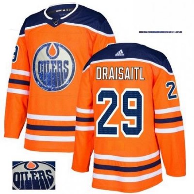 Mens Adidas Edmonton Oilers 29 Leon Draisaitl Authentic Orange Fashion Gold NHL Jersey