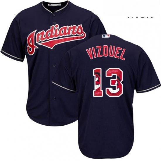 Mens Majestic Cleveland Indians 13 Omar Vizquel Authentic Navy Blue Team Logo Fashion Cool Base MLB Jersey