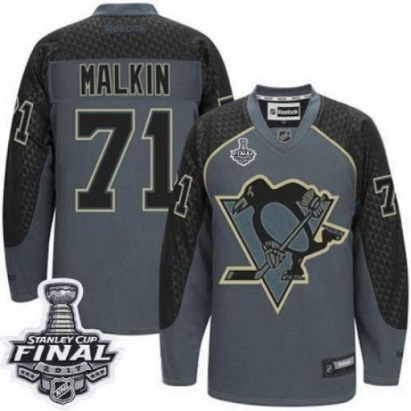 Penguins #71 Evgeni Malkin Charcoal Cross Check Fashion 2017 Stanley Cup Final Patch Stitched NHL Jersey