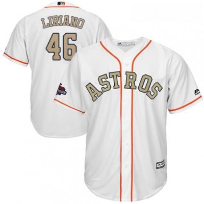 Mens Majestic Houston Astros 46 Francisco Liriano Replica White 2018 Gold Program Cool Base MLB Jersey