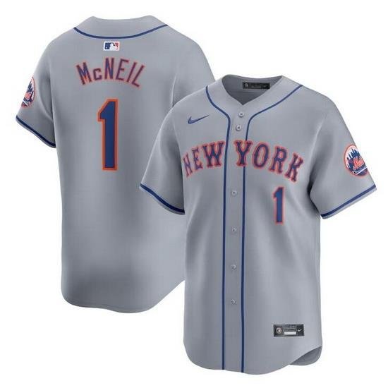 Men New York Mets 1 Jeff McNeil Grey 2024 Away Limited Stitched Baseball Jersey