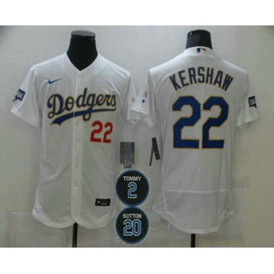 Men Los Angeles Dodgers 22 Clayton KershaW White Gold 2 20 Patch Stitched MLB Flex Base Nike Jersey