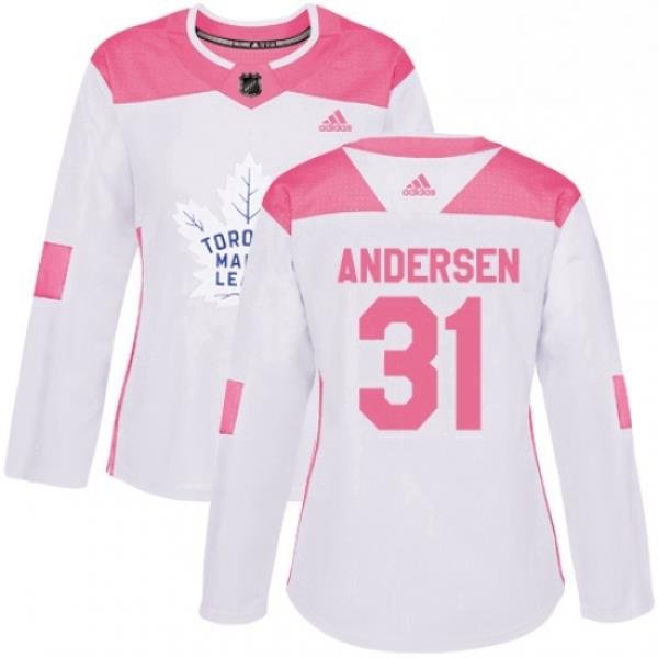 Womens Adidas Toronto Maple Leafs 31 Frederik Andersen Authentic WhitePink Fashion NHL Jersey