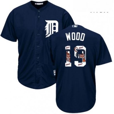 Mens Majestic Detroit Tigers 19 Travis Wood Authentic Navy Blue Team Logo Fashion Cool Base MLB Jersey