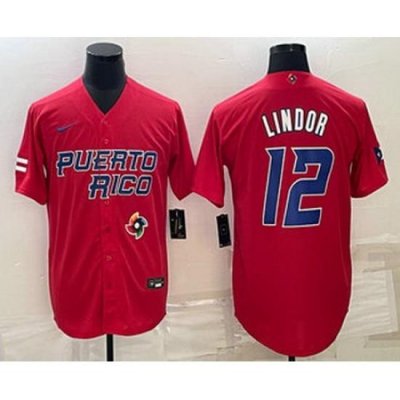 Men's Puerto Rico Baseball #12 Francisco Lindor 2023 Red World Baseball Classic Stitched Jersey