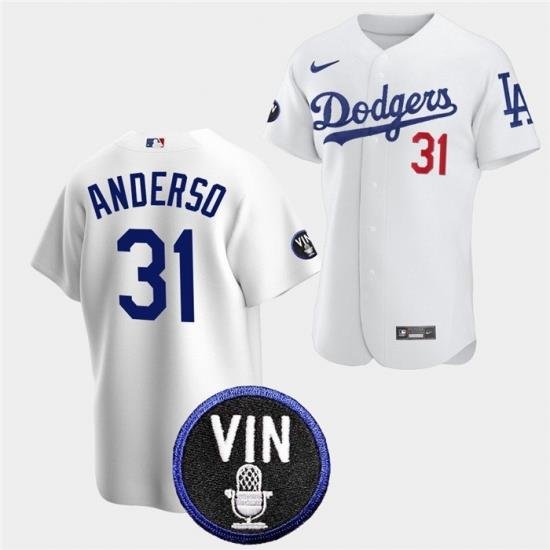 Men Los Angeles Dodgers 31 Tyler Anderson 2022 White Vin Scully Patch Cool Base Stitched Baseball Jersey