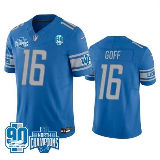 Men Detroit Lions 16 Jared Goff Blue 2023 F U S E  90th Anniversary NFC North Division Champions Vapor Untouchable Limited Stitched Jersey