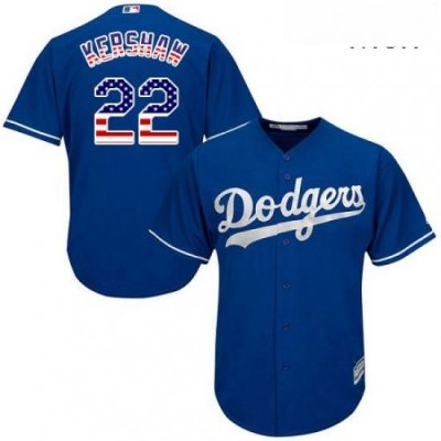 Mens Majestic Los Angeles Dodgers 22 Clayton Kershaw Authentic Royal Blue USA Flag Fashion Cool Base MLB Jersey