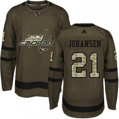 Mens Adidas Washington Capitals 21 Lucas Johansen Authentic Green Salute to Service NHL Jersey