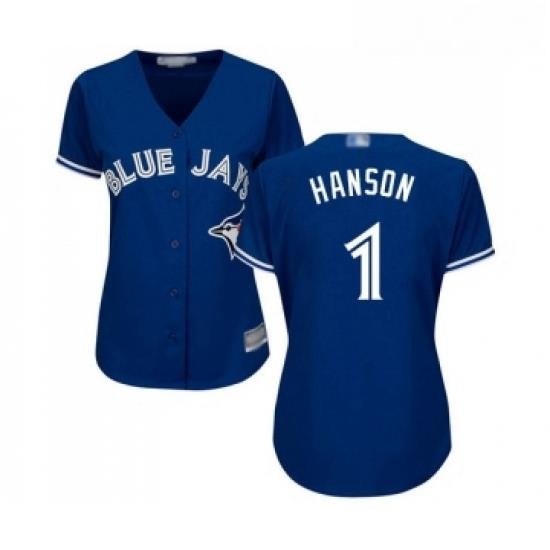 Womens Toronto Blue Jays 1 Alen Hanson Replica Blue Alternate Baseball Jersey